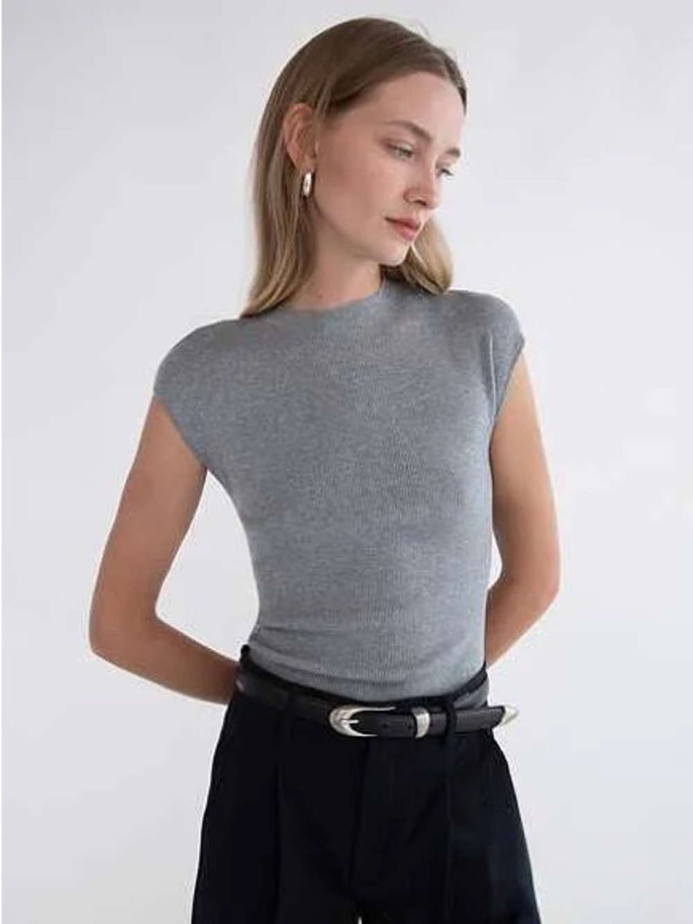OAK + FORT Ribbed Sleeveless Mock Neck Top - Gray